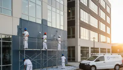 Professional commercial painters in New Orleans LA applying durable exterior coating to business building
