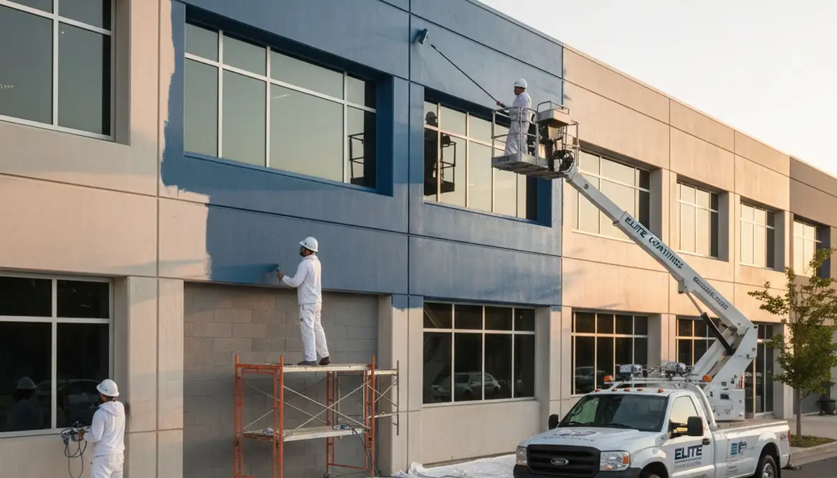 Commercial painters finishing an office exterior in New Orleans, LA with durable weather-resistant coatings