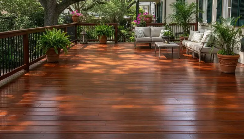 Finished deck staining in New Orleans, LA highlighting rich wood tone and weather-resistant finish