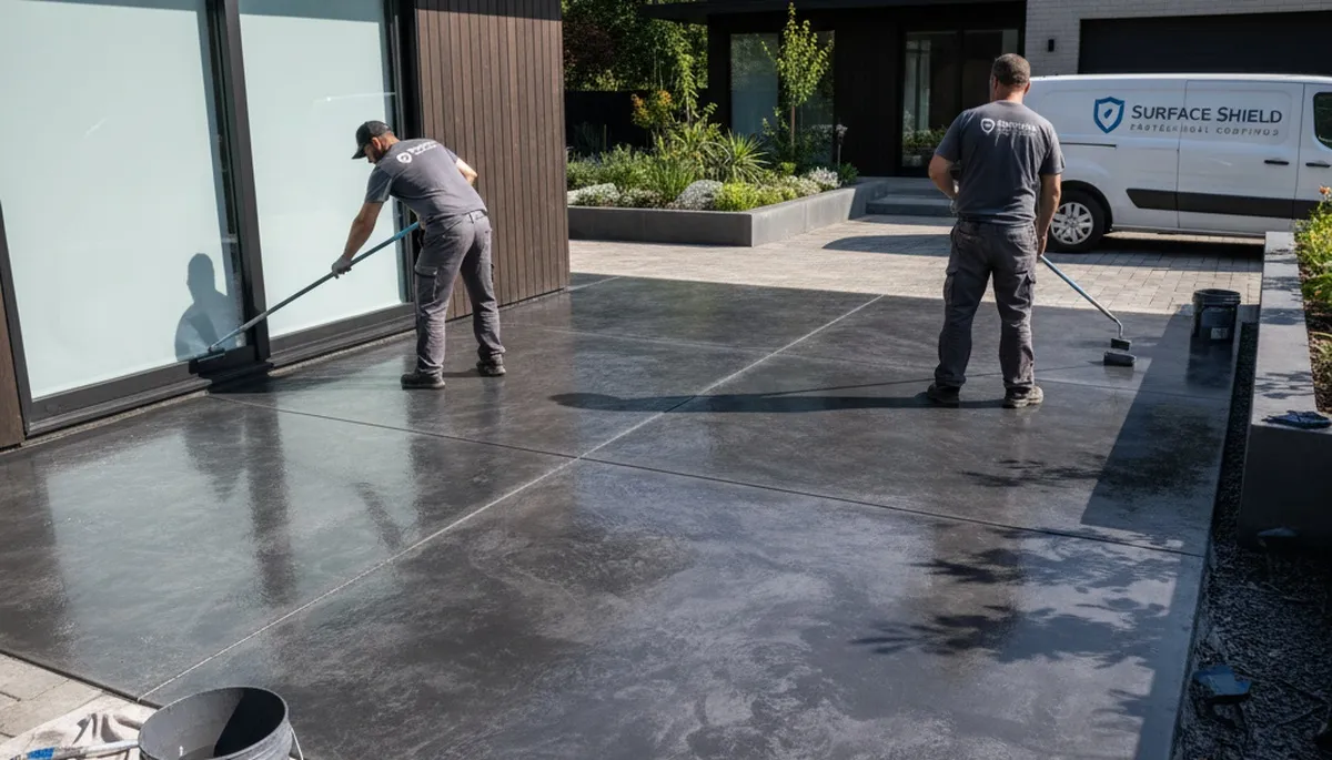 Concrete staining contractors in New Orleans LA applying durable finish to residential patio floor