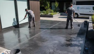 Concrete staining contractors in New Orleans LA applying durable finish to residential patio floor
