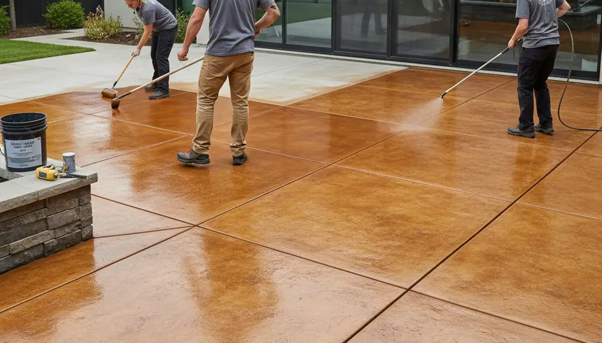 Professional concrete staining on patio surface in New Orleans, LA by local house painting contractors