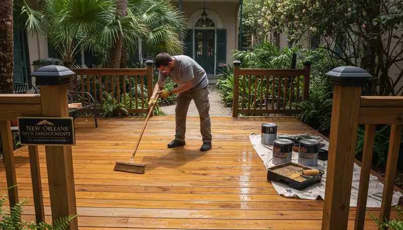 Professional deck staining in New Orleans LA enhancing wood grain with durable UV and moisture protection