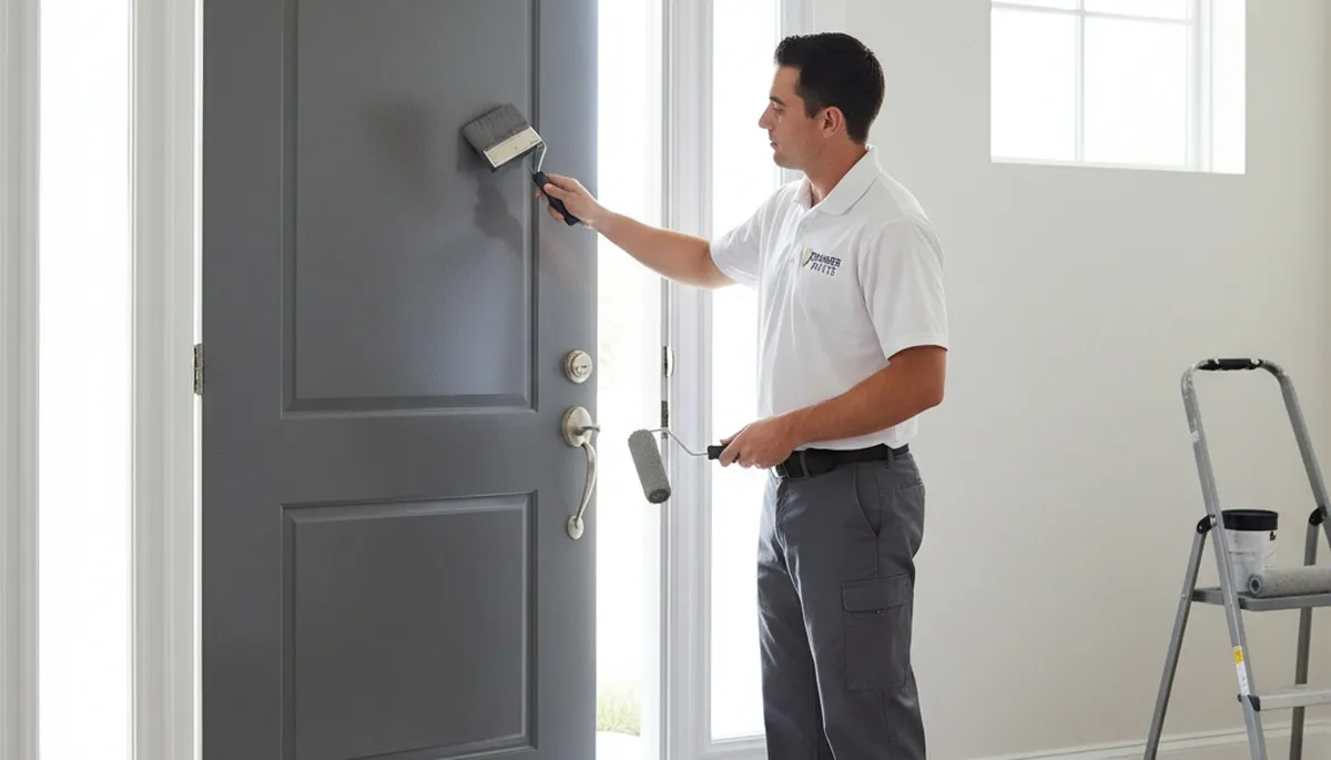 Professional door painters finishing exterior entryway in New Orleans, LA for lasting curb appeal