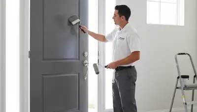 Professional door painters finishing exterior entryway in New Orleans, LA for lasting curb appeal