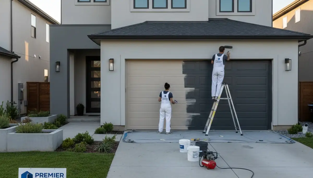 Professional painters refinishing a garage door in New Orleans, LA for durable curb appeal