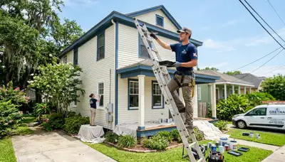 Professional house painters working on residential exterior in New Orleans, LA