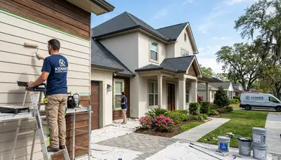 Professional house painters working on exterior home in New Orleans, LA