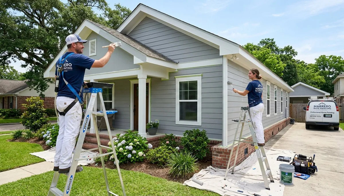 Professional house painters working on exterior home in New Orleans, LA