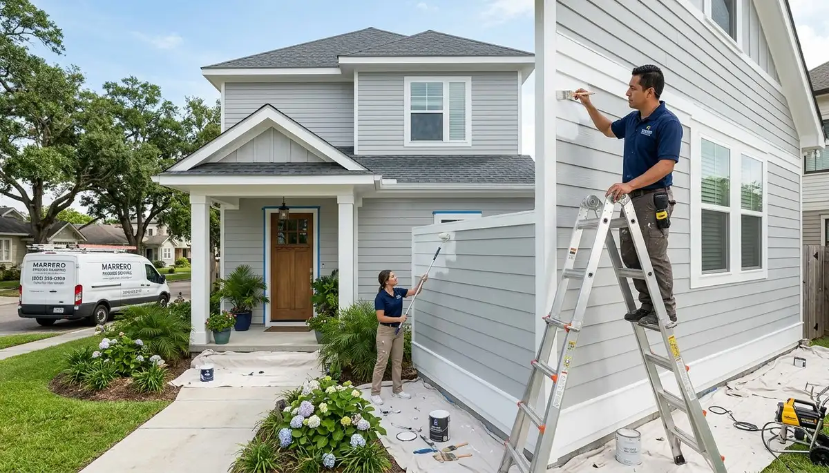 Professional house painters working on residential exterior in New Orleans, LA