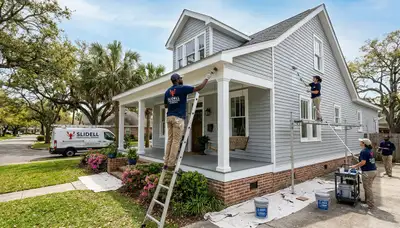 Professional house painters working on exterior home in New Orleans, LA