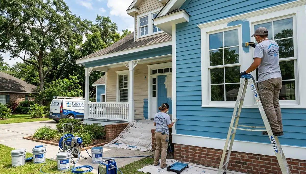 Professional house painters working on residential exterior in New Orleans, LA