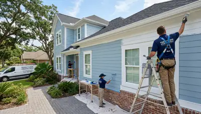 Professional house painters in New Orleans LA applying exterior paint to residential home