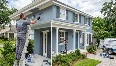 Professional house painters working on home exterior in New Orleans, LA