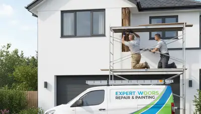 Contractor repairing wood rot on home exterior in New Orleans, LA with professional restoration tools