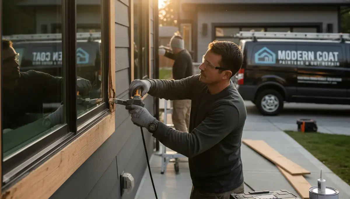 Contractor repairing wood rot on home exterior in New Orleans, LA with expert restoration painting services